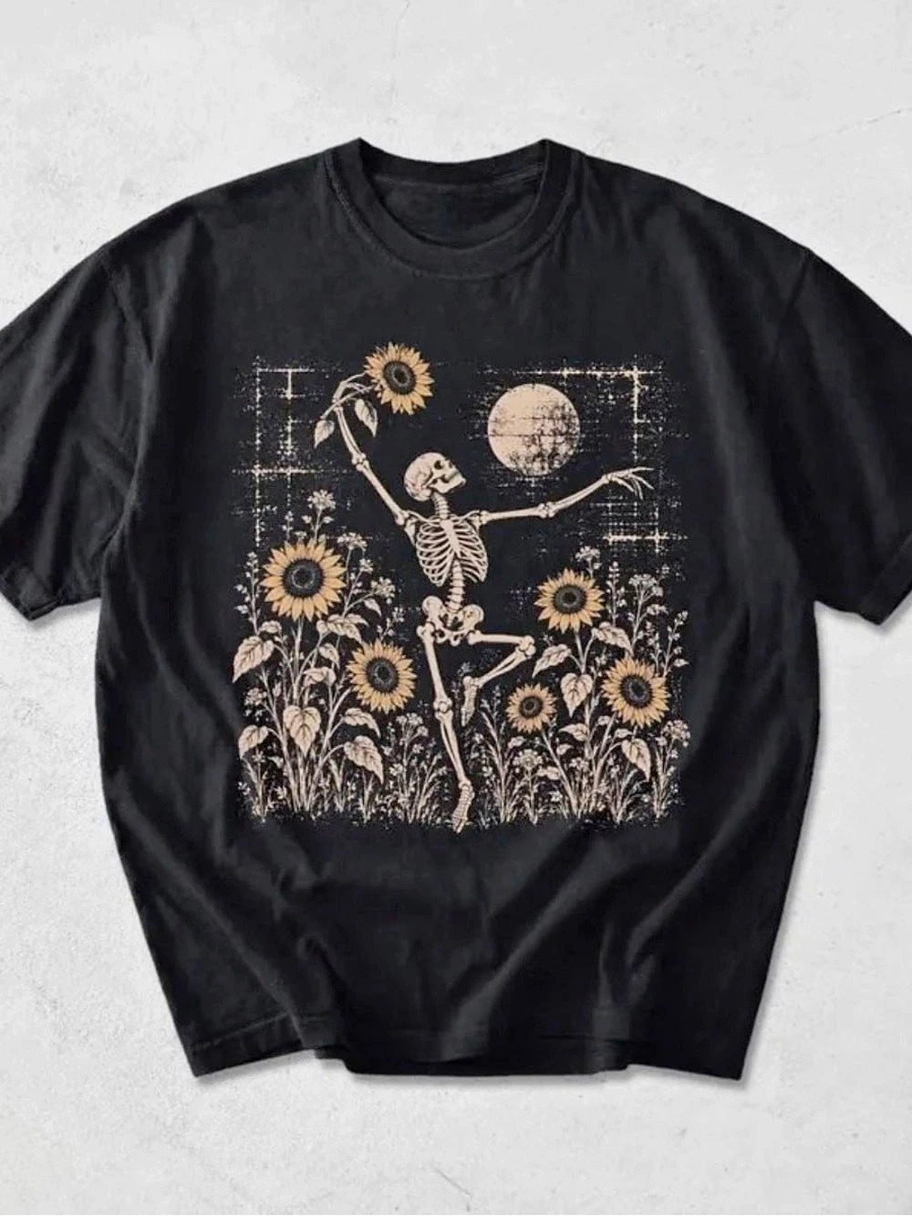 Sunlower Skeleton Dancing Graphic Short Sleeve Tee in Black NWT